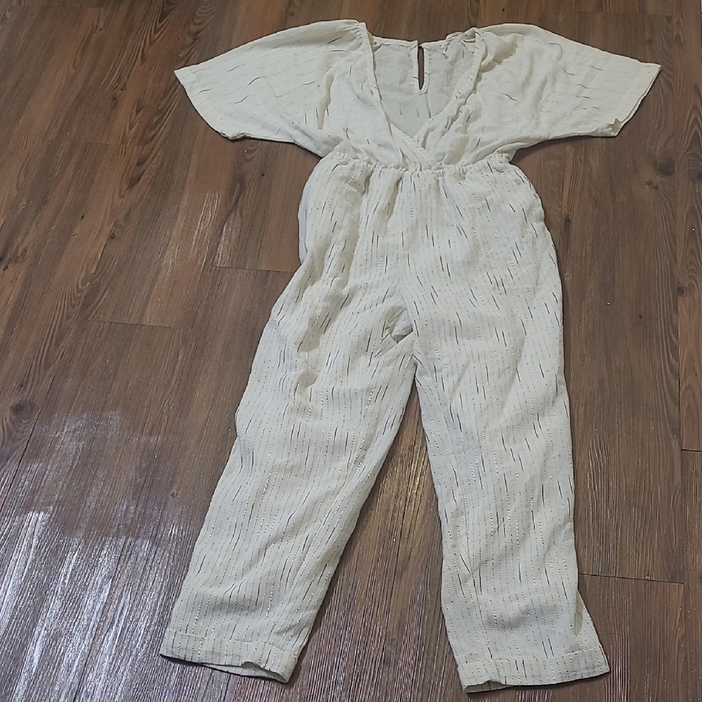 Anthropologie Cream‎ Textured V-Neck Jumpsuit